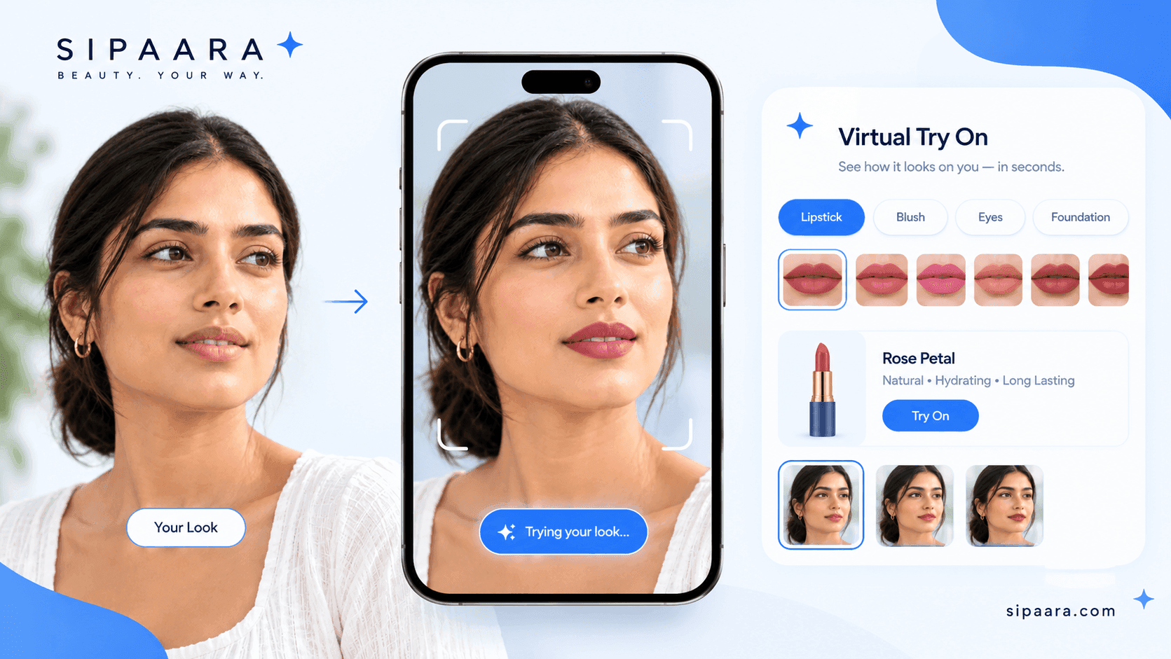 Sipaara virtual try-on — your look, live camera preview, and shade picker